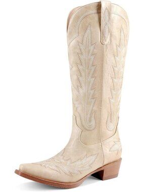 Women's Khaki Knee High Cowgirl Boots Wide Calf Retro Chunky Heel Pointed Toe